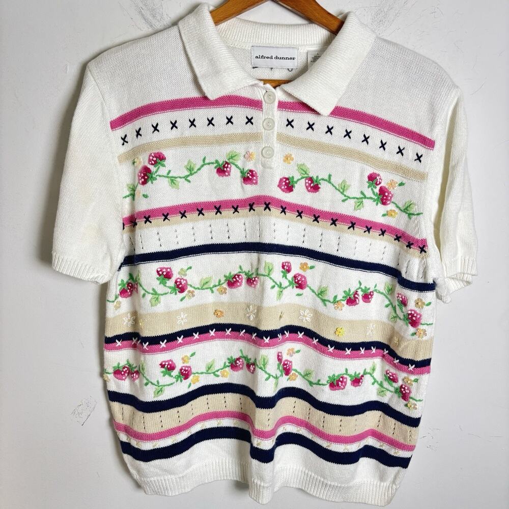 90s Alfred Dunner Cottagecore Beaded Knit Embroidered Short Sleeve Sweater Sz L